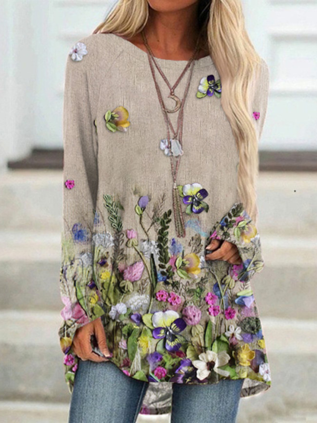 Floral Print Round Neck Casual Tunic