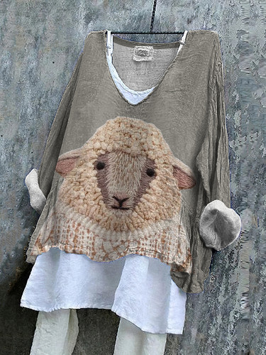 Cute Sheep Print V-Neck Loose Blouse