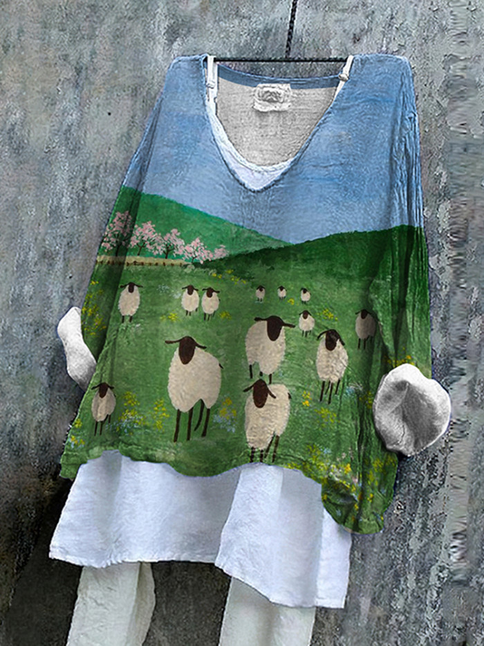 Vintage Farm Sheep V Neck Linen Blend Shirt