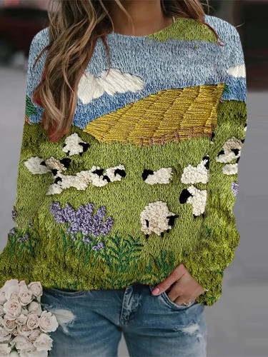 Women's Cute Sheep Print Crew Neck Sweatshirt