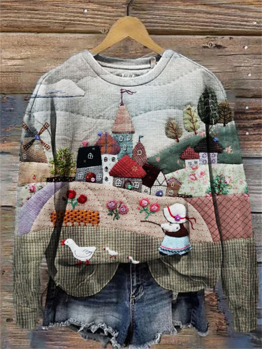 Farm Cottage Girl Landscape Textile Comfy Sweatshirt