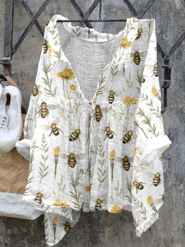 Floral Bee Pattern Ladies Casual Cotton Linen Shirt