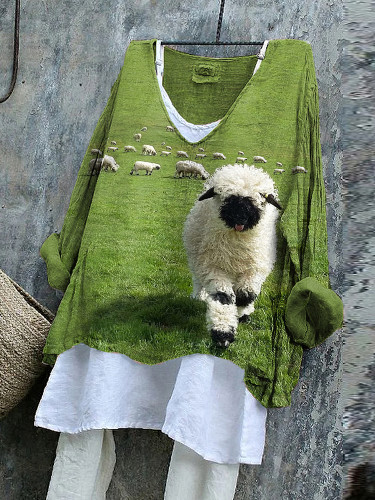 Greetings From The Stray Sheep Graphic Vintage Linen Blend Tunic
