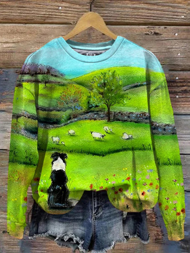 Women'S Collie And Sheep Print Casual Sweatshirt