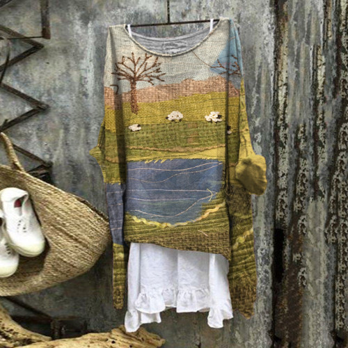 Vintage Sheep Farm Patchwork Embroidery Art Linen Blend Flowy Tunic