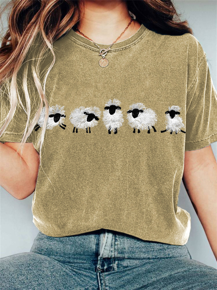Fuzzy Sheep Fringed Embroidery Pattern Cozy T-Shirt