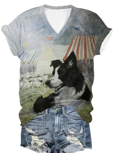 Womens Sheepdog and Sheep Print V-Neck T-Shirt