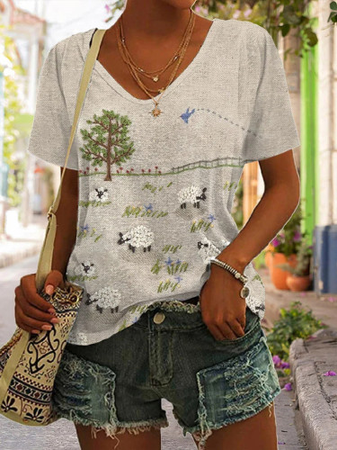 Women'S Sheep Farm Landscape Embroidery Cozy Print T-Shirt
