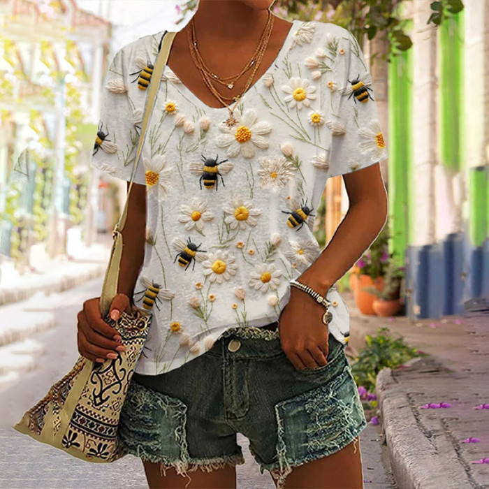Women's Casual Bee Printed Short Sleeve T-Shirt
