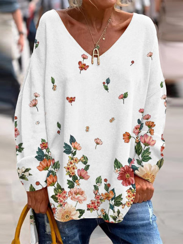 Gradient Floral Print V-Neck Loose T-Shirt