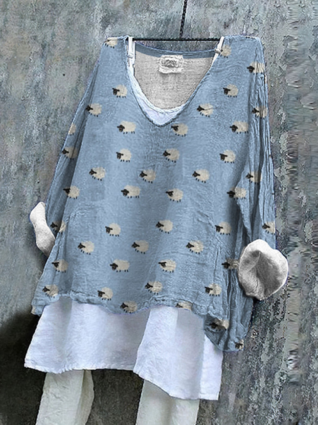 Women's Vintage Farm Sheep Art Cozy Linen Blend Tunic