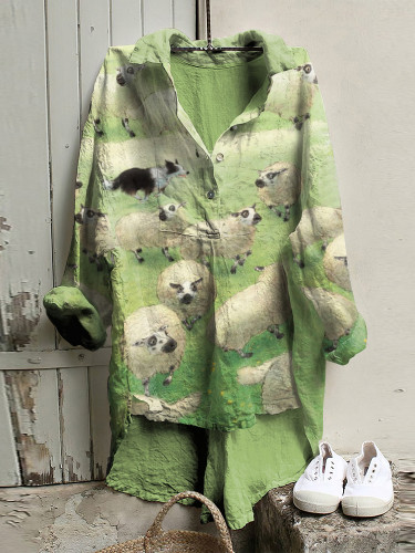 Vintage Sheepdog Chasing Sheep Art Cozy Lapel Casual Shirt