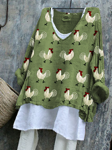 Roosters Embroidery Pattern Linen Blend Tunic