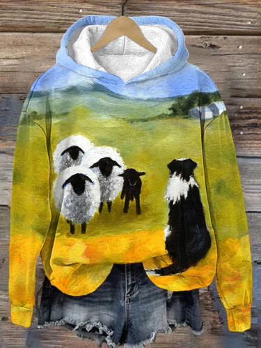 Women'S Collie And Sheep Print Casual Long Sleeve Hooded Sweatshirt