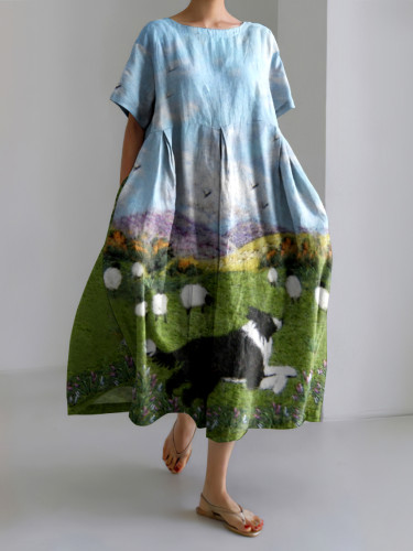 Shepherd Dog And Sheep Landscape Felt Art Maxi Dress