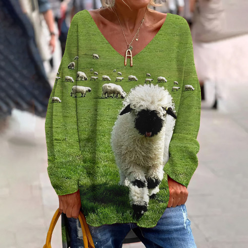 Greetings From The Stray Sheep Graphic Cozy V-Neck Loose T-Shirt