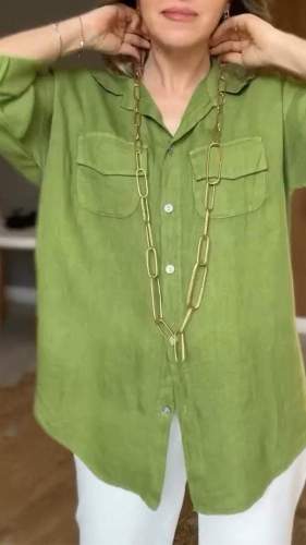 Cotton and Linen Lapel Long-sleeved Shirt
