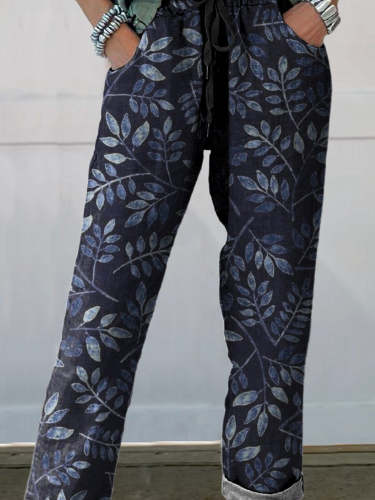 Women's Vintage Leaves Floral Printed Cotton And Linen Casual Pants