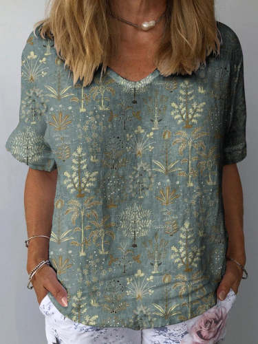 Woodland Vegetation Pattern Printed Women's Casual Cotton And Linen Shirt
