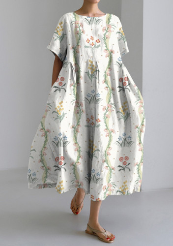 Retro Chic Floral Print Short Sleeve Loose Midi Dress