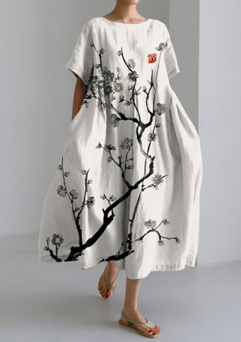 Japanese Cherry Blossom Short-sleeved Loose Midi Dress