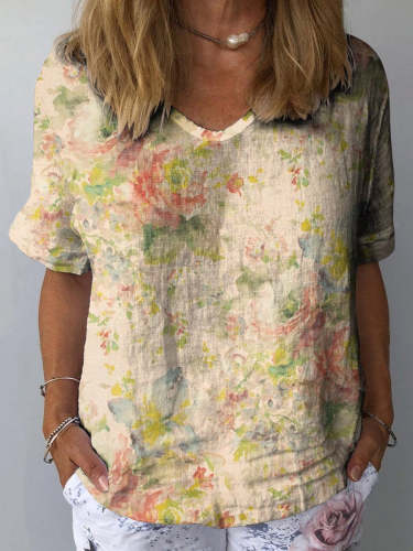 Women's Retro Floral Watercolor Art Print Casual Cotton And Linen Shirt
