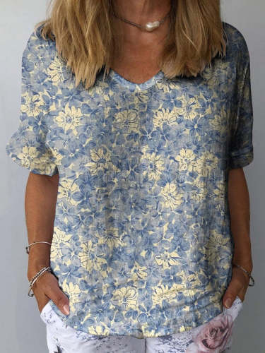 Women's Retro Floral Art Print Casual Cotton And Linen Shirt