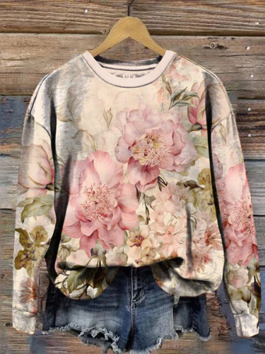 Retro Chic Floral Print Crew Neck Long Sleeve Sweatshirt