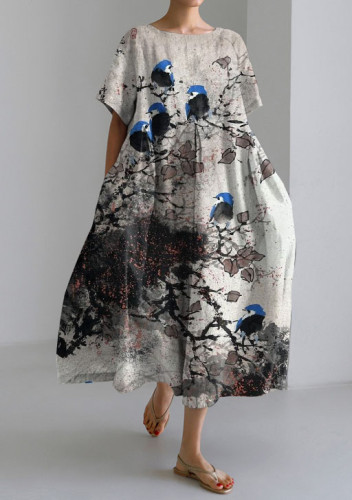 Japanese Tree Bird Art Short-sleeved Loose Mid-length Dress