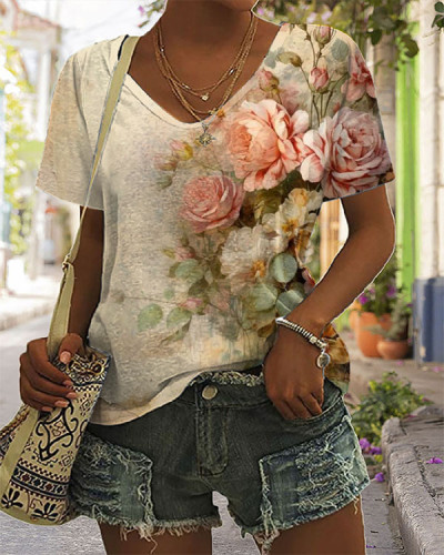 Vintage Floral Print Short-sleeved T-shirt