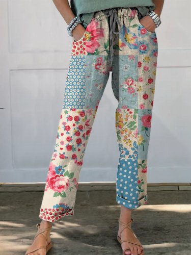 Women's Retro Floral Elegant Patchwork Art Printed Cotton And Linen Casual Pants