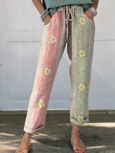 Women's Art Floral Print Cotton And Linen Casual Pants