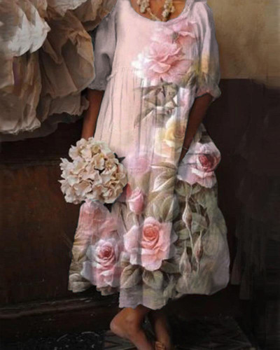Retro Shabby Chic Floral Print Short Sleeve Dress
