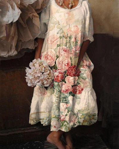 Retro Shabby Chic Floral Print Short Sleeve Puff Sleeve Dress