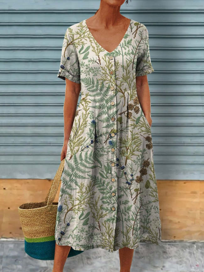 Women's Fern Botanical Leaves Linen Pocket Tunic Dress