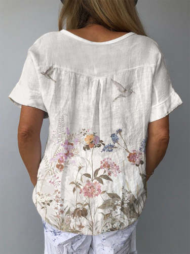 Bird and Flower Print Women's Print Casual Cotton And Linen Shirt