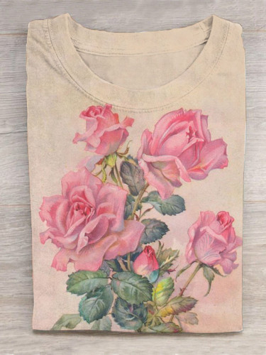 Retro Chic Rose Print Short Sleeve T-Shirt