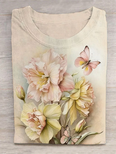 Retro Chic Flower Butterfly Print Short Sleeve T-Shirt