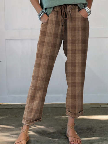Brown Plaid Pattern Printed Women's Cotton And Linen Casual Pants