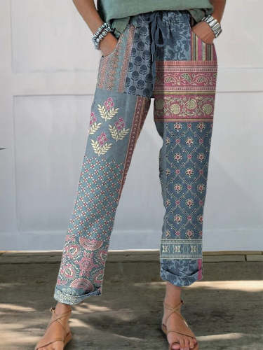 Ethnic Style Patchwork Pattern Printed Women's Printed Cotton And Linen Casual Pants