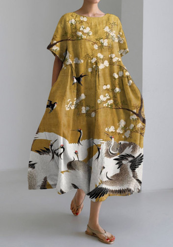 Japanese Crane Art Retro Short-sleeved Loose Midi Dress