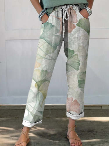Women's Vintage Leaves Floral Printed Cotton And Linen Casual Pants