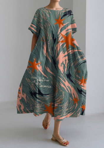 Casual Art Print Short Sleeve Loose Midi Dress