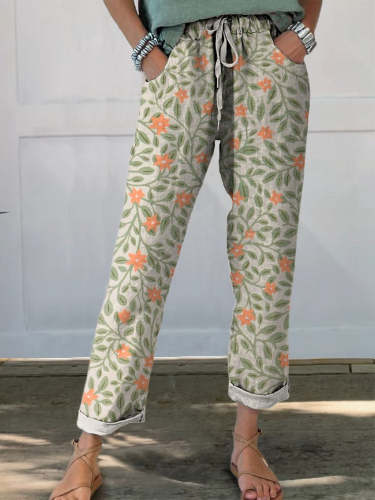 Women's Lovely Floral Art Printed Cotton And Linen Casual Pants
