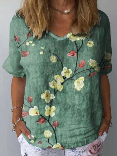 Women's   Floral Art Print Casual Cotton And Linen Shirt