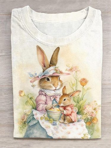 Retro Bunny Mom and Baby Print Short Sleeve T-Shirt