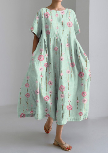 Vintage Floral Print Short-sleeved Loose Midi Dress