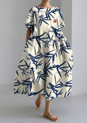 Japanese Bamboo Leaf Retro Short-sleeved Loose Mid-length Dress
