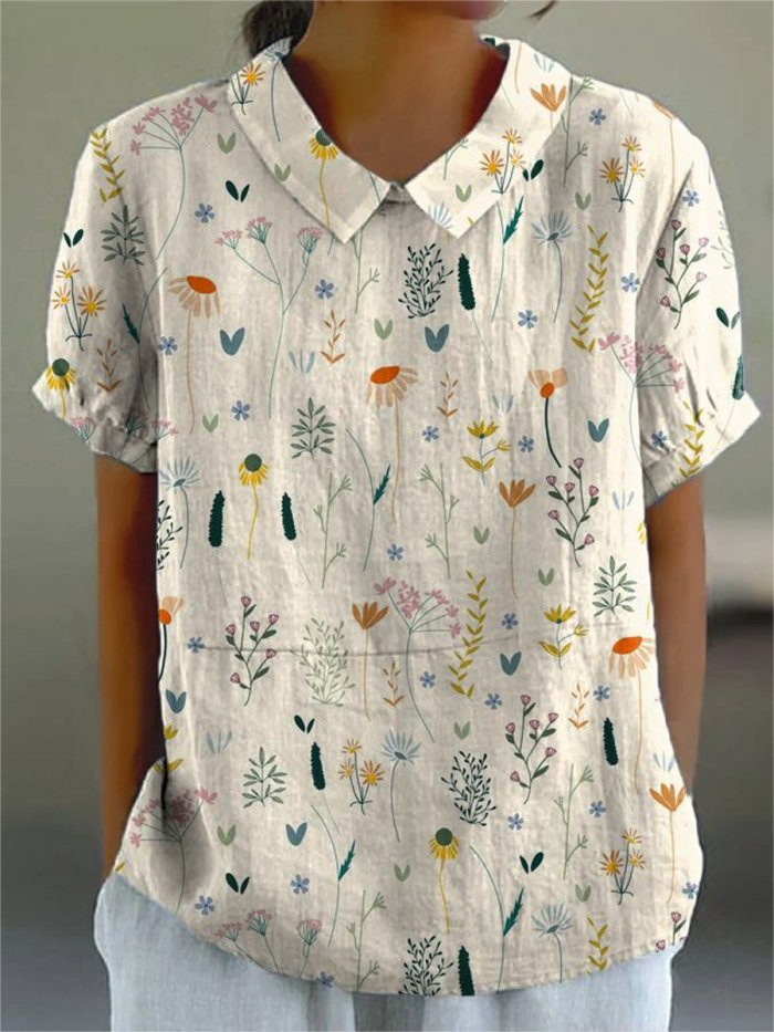 Women's Retro Floral Art Print Casual Cotton And Linen Shirt