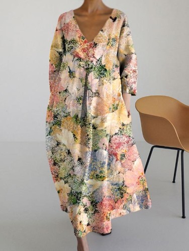 Casual Floral Print V-neck Loose Long-sleeved Dress